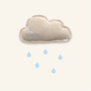 Cloud Catnip Pillow Toy: Embroidered Raindrops, Cotton Tweed