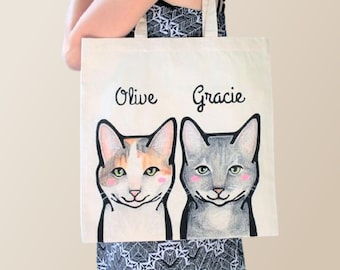 Personalized Pet Tote Bag. Eco Friendly Canvas Tote. Custom Cat and Dog Portraits.