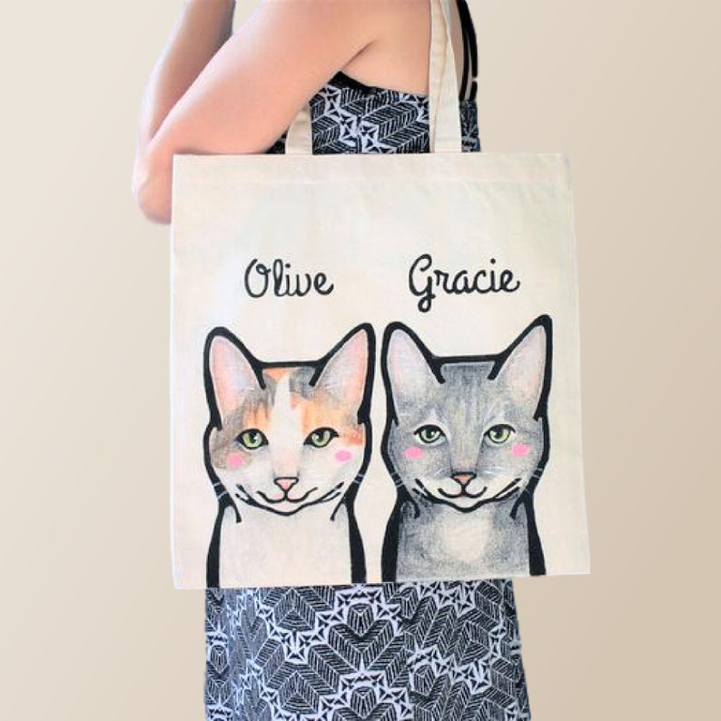 Personalized Pet Tote Bag. Eco Friendly Canvas Tote. Custom Cat and Dog Portraits. image 1