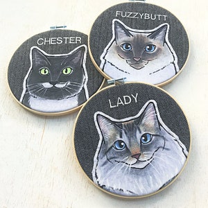 THREE Custom Cat Portraits. Gift for Pet Lovers. Personalized Embroidered Cat Portrait.