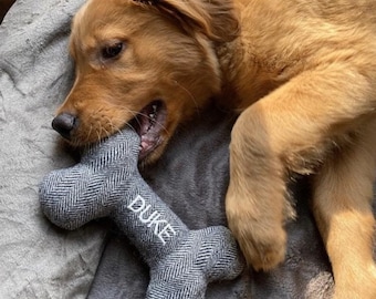 Personalized Dog Bone Toy: Embroidered Wool Blend Squeaky Toy