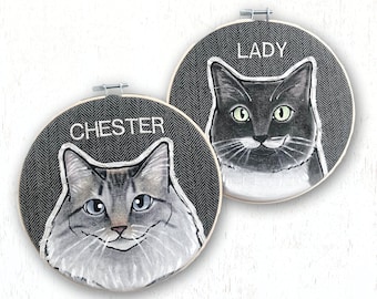 TWO Custom Cat Portraits. Custom Pet Portrait. Custom Portraits. Hoop Art. Embroidery. Cat Portrait. Pet Gift. Pet Lover Gift