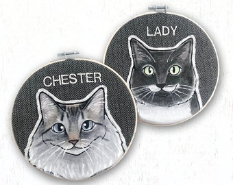 TWO Custom Cat Portraits. Custom Pet Portrait. Custom Portraits. Hoop Art. Embroidery. Cat Portrait. Pet Gift. Pet Lover Gift