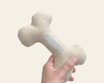 Personalized Dog Bone Toy: Embroidered Name, Cream Wool Blend
