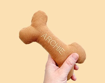 Personalized Tweed Dog Toy: Durable Wool Blend, Squeaky Bone