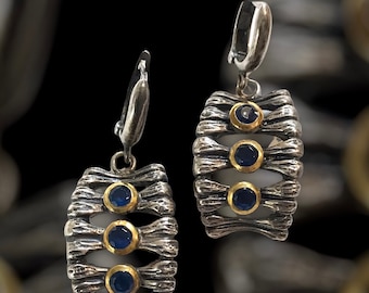 Exquisite Silver Earrings with Gold-bezeled Sapphires