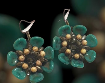 Handmade Beaded Earrings - Florette - Petal Beads - Turquoise Color