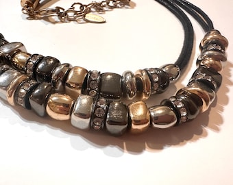Elegant Black Cord Necklace with Silver & Gold Tone Beads