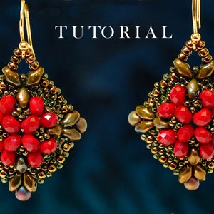 May include: A pair of gold earrings with red and green beads in a diamond shape. The earrings are made with seed beads and have a delicate, intricate design.