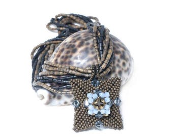 Geometric Beaded Necklace with Pendant & Bicone Accents