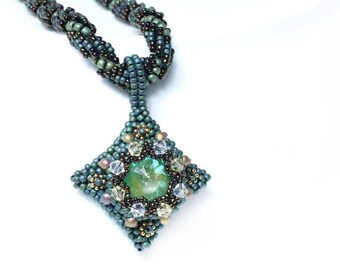 Handmade Green Seed Bead Necklace - Swarovski Bicone Accents