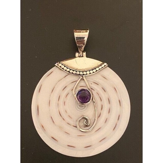 Large Sterling Silver Shell Amethyst Disc Pendant… - image 1