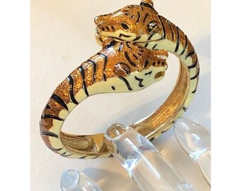 KJL Kenneth Jay Lane Enameled Double TIGER Watch Bangle Bracelet in Box