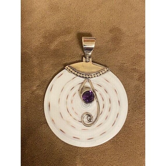 Large Sterling Silver Shell Amethyst Disc Pendant… - image 5