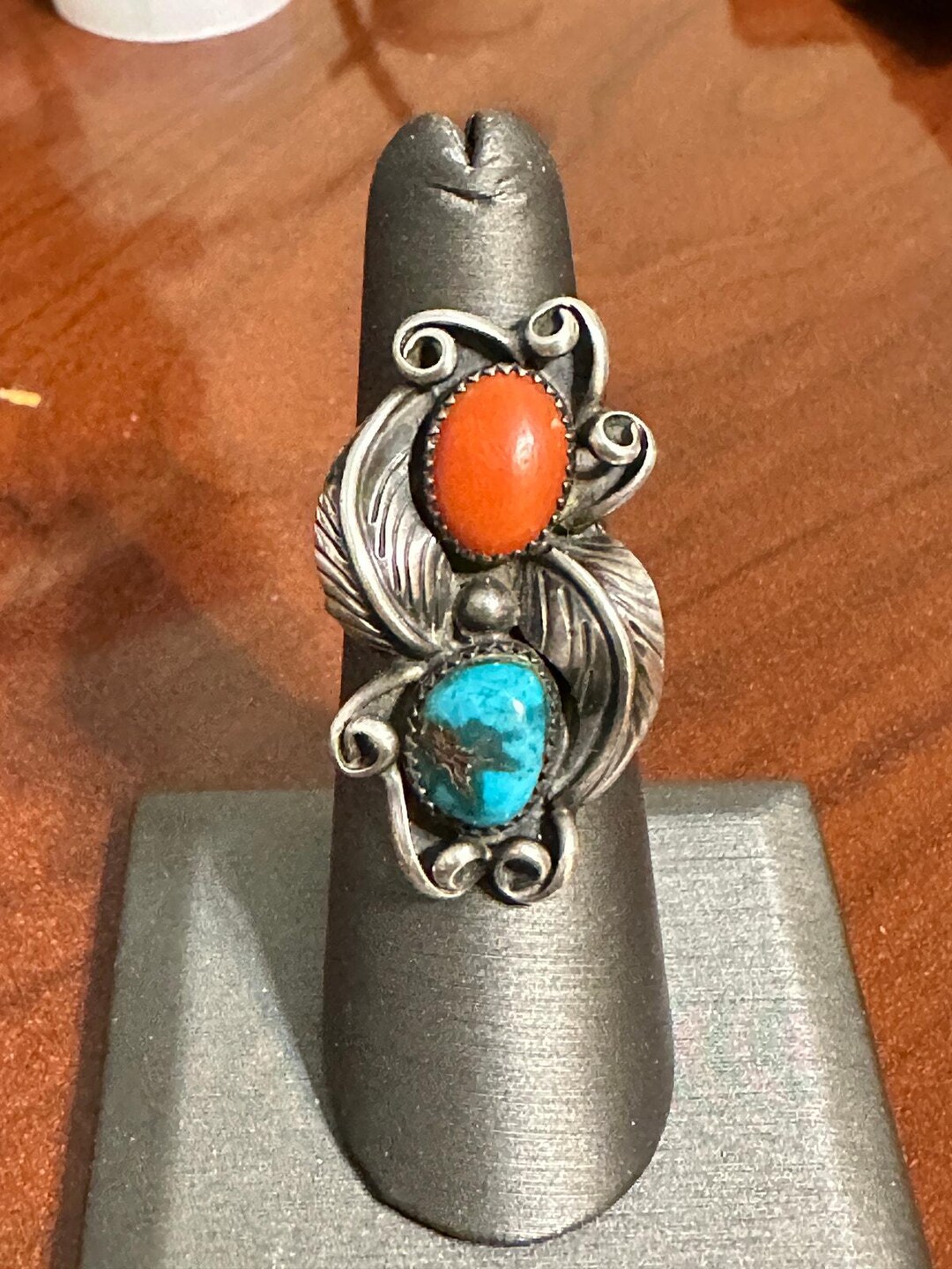 Vintage Sterling Silver Turquoise Coral Native American Ring Size 6 3/4 ...