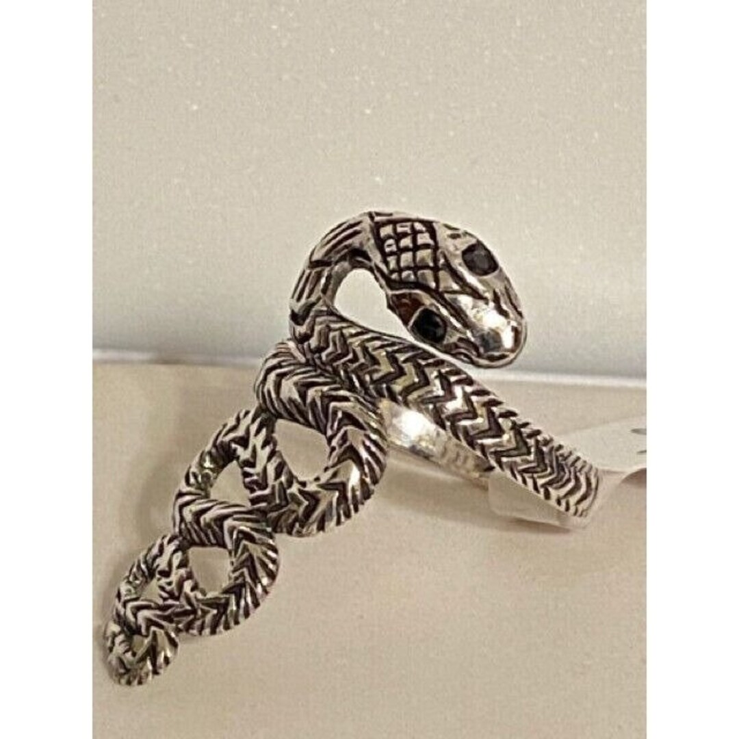Sterling Silver Long SNAKE Ring Onyx Eyes Sz