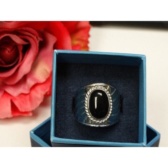 Sterling Silver Ladies Onyx Sz 9 Wide Ribbed Band… - image 1