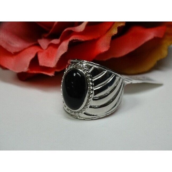 Sterling Silver Ladies Onyx Sz 9 Wide Ribbed Band… - image 2