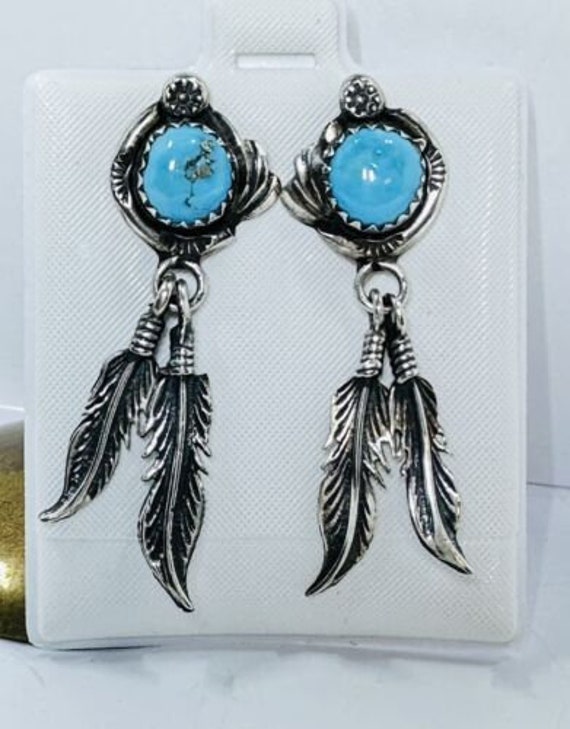 Sterling Silver Southwest Turquoise Dangle Feathe… - image 1
