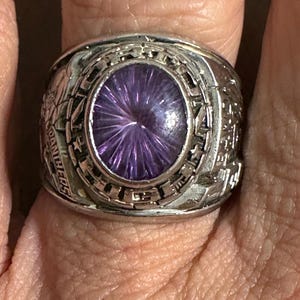 May include: A silver ring with a large, round, purple gemstone at the center. The ring has intricate detailing around the gemstone and the word "PANTHERS" is visible on the side. The ring is worn on a finger.
