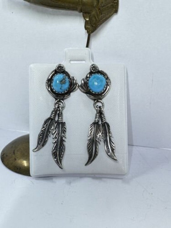 Sterling Silver Southwest Turquoise Dangle Feathe… - image 2