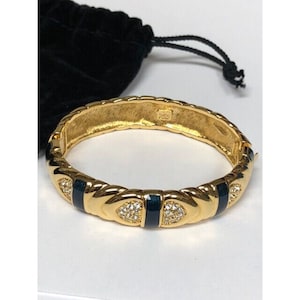 Joan Rivers Gold Tone Blue Enamel Rhinestone Hinged Bangle Bracelet