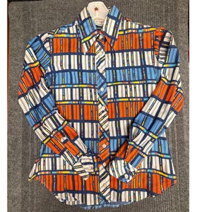 Vintage Huk-A-Poo Sportswear Geometric Abstract Grid Button Down Shirt Orange Bl
