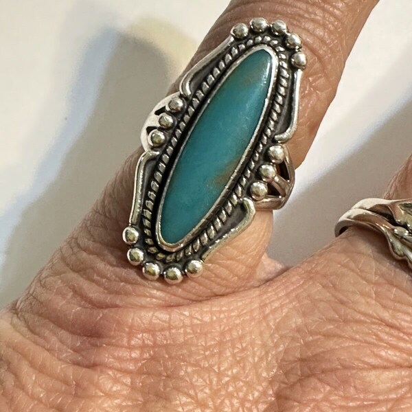 Vintage Bell Sterling Silver Elongated Turquoise Ring 5 3/4