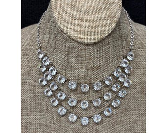 Vintage Open Back Crystal Tiered Bib Necklace Silver Tone 14 Inch 8.75mm Stones