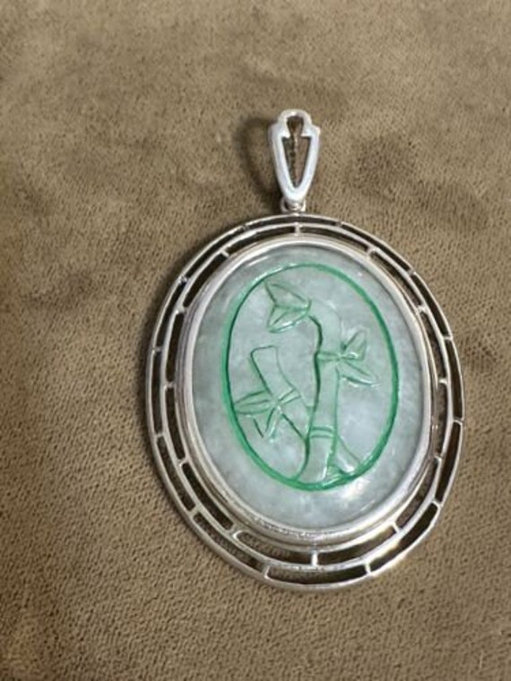 Sterling Silver Oval Jade Carved Bamboo Pendant