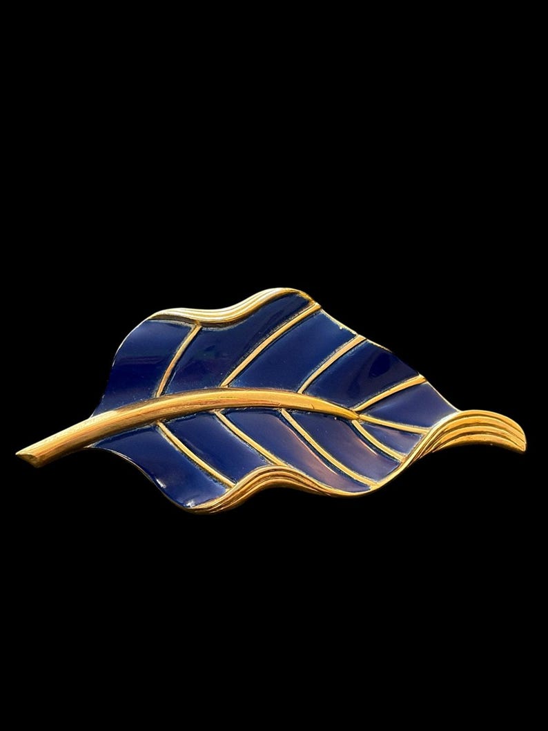 Signed Crown Trifari Beautiful Blue Enamel and Gold Tone Leaf Pin ...