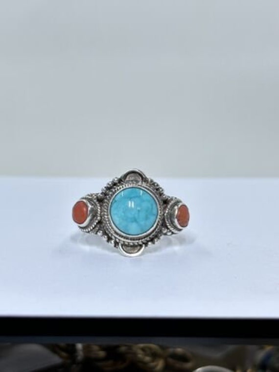 Sterling Silver Turquoise Coral Ring Size 7.5  Siz