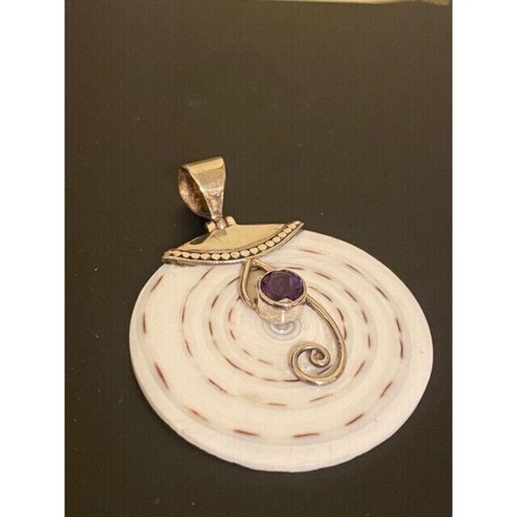 Large Sterling Silver Shell Amethyst Disc Pendant… - image 4