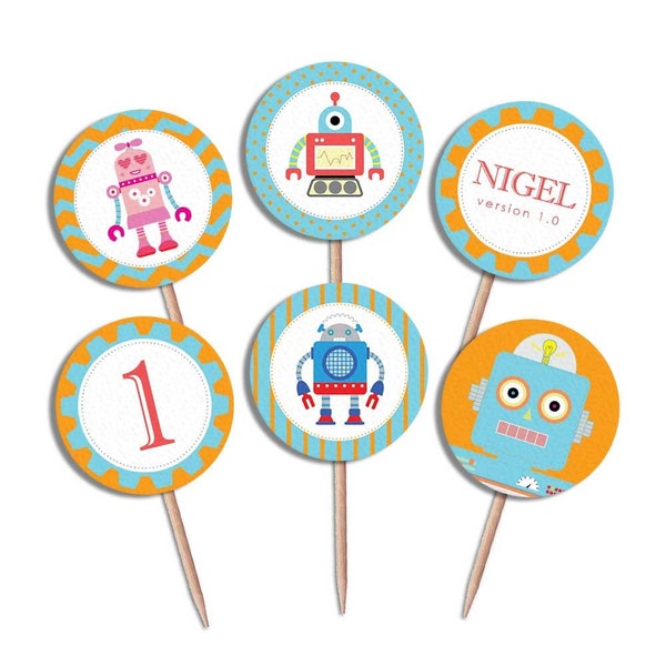 Robot Cupcake Toppers | DIY Robot Birthday Party Decor | Personalized Robot Party Circles | 2" Retro robot round tags | Editable PDF text