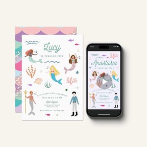 Editable Mermaid Invitation Bundle, Little Mermaid Friends Animated Video, Mermaid Evite Digital Invitation Printable Set | Canva Templates