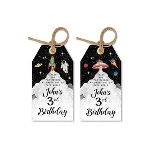 Weltraum Gunst Tags zum ausdrucken | DIY personalisierte Astronaut Party Tags | Thank You-Tags | Raketenschiff UFO Galaxie | Geburtstags-Party Geschenkanhänger