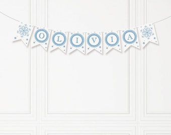 Winter Wonderland Pennant Banners Printable | DIY Snow Queen Party Garland | Baby Shower Birthday Snowflakes Decor | White Blue Bunting PDF