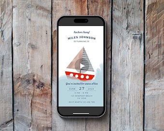 Editable Nautical Video Invitation, MP4 Boat Invitation, Navy Animated Invitation, Sail Away, Anchors Away, Canva Invitation Template 0001