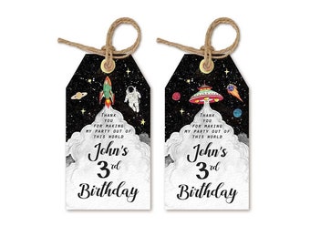 Weltraum Gunst Tags zum ausdrucken | DIY personalisierte Astronaut Party Tags | Thank You-Tags | Raketenschiff UFO Galaxie | Geburtstags-Party Geschenkanhänger