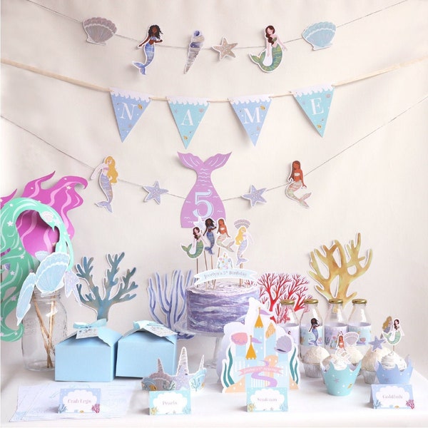 Mermaid Party Kit Printables | DIY Mermaid Party Set | Under The Sea Princess Birthday Decor | The Little Mermaid Pastel Blue Purple | PDF