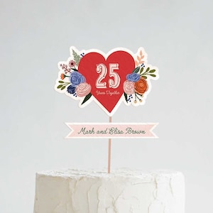 Anniversary Cake Topper Printable | DIY Wedding Party Cake Decor | Couple Floral Heart Shape Cake Centerpiece | Love Red Pink | Editable PDF