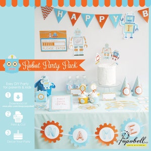 Robot Party Kit Printables Robot Decor Set DIY Robot birthday party for boys and girls Orange Blue Theme Colors Retro Robot DIGITAL image 2