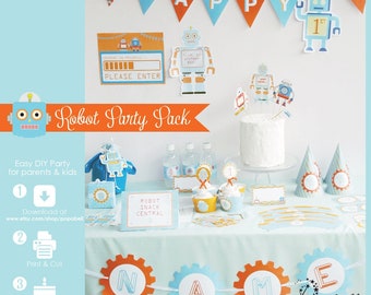 Op de afbeelding: Een robot-thema feestpakket met printbare decoraties, waaronder een banner met de tekst "Happy Birthday", robot cupcake toppers en een robot snack central bord. Het pakket bevat ook instructies voor het downloaden, afdrukken en decoreren.