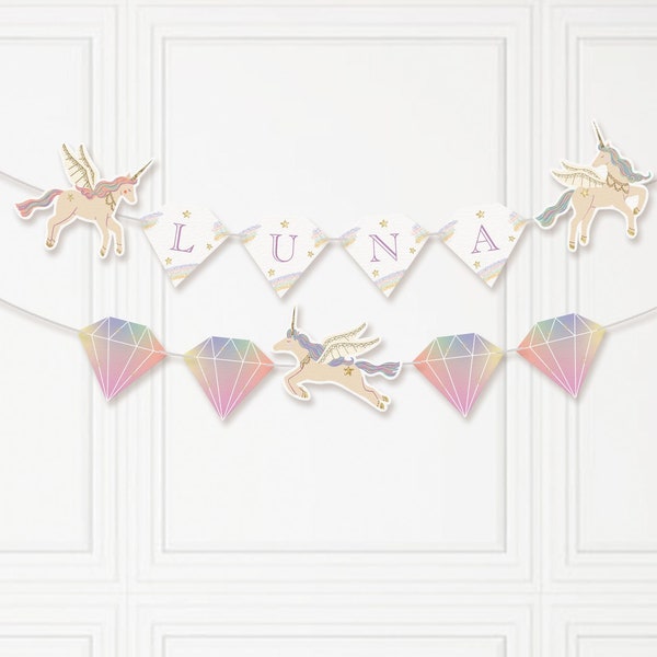 Unicorn Garland Printable | Editable DIY Pennant Banners | Dreamy Girl Baby Shower Birthday Diamond Party Decor | Pastel Pink Purple Bunting