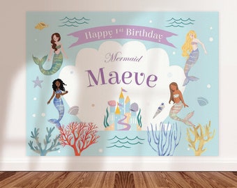 Mermaid Backdrop Printable | 80 x 60 inches Little Mermaid Large Banner | Girl Birthday Party Decor | Under The Sea Princess | Digital PDF