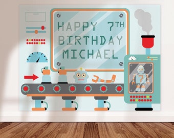 May include: A blue and gray robot factory themed birthday party backdrop with the text "Happy 7th Birthday Michael".