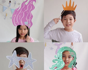 Mermaid Photobooth Props printable | Girl Mermaid Princess Birthday Party Ideas | DIY Little Mermaid | Under The Sea | Paper Wig Hair Props