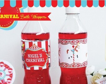 Circus Bottle Wrappers Printable | DIY Personalized Carnival Bottle Drink Labels | Carnival Kids Party Labels | Circus Birthday Party Decor