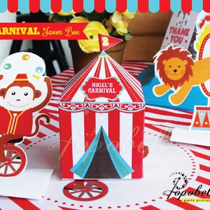 Circus Favor Box Printable | Circus Birthday Party | Favor Box Template | Carnival Birthday | Big Top Circus Tent | Circus Party Red & Beige