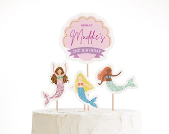 Editable Mermaid and Shell Cake Topper Printable | DIY Mermaid Cake Decor | Little Mermaid Birthday Party | Mermaid Party Sea Shell | Canva